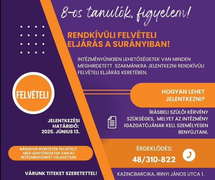 Rendkívüli felvételi eljárás a Surányiban