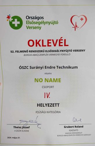 Országos Elsősegyélynyújtó Verseny oklevél